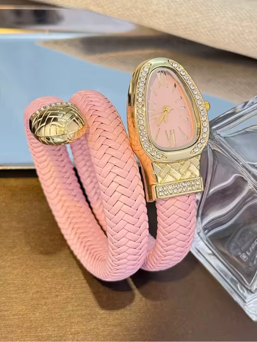 Luxury Serpentine Elegant Pink Braided Wrap Watch with Gold Crystal Accents
